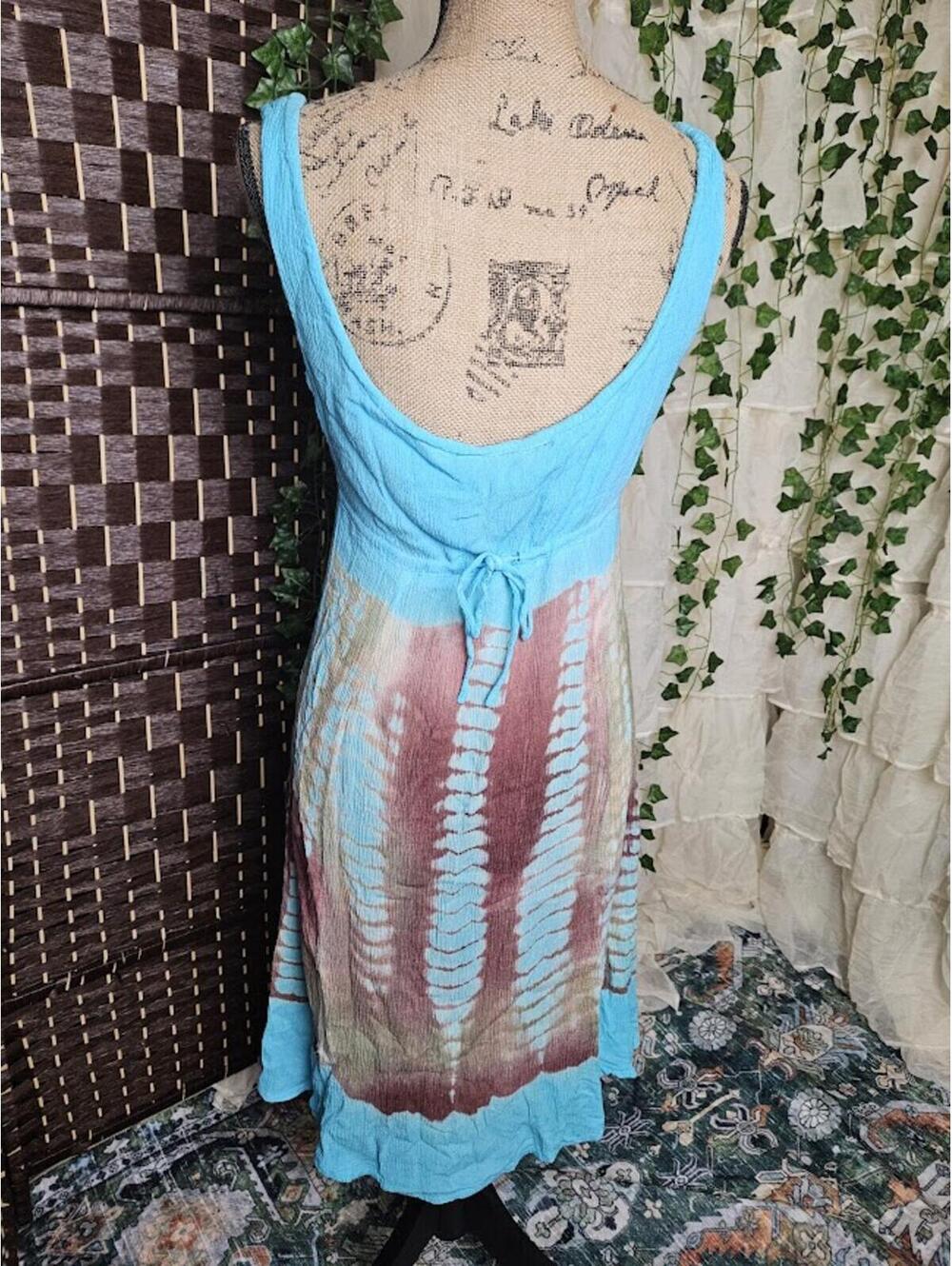Boho Tie Dye Turquoise Dress Fairycore Cottagecore Festival Embroidered Sundress - Picture 5 of 6